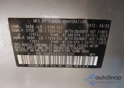 2022 Subaru Outback Wilderness from USA, damaged, VIN 4S4BTGUD2N3232736